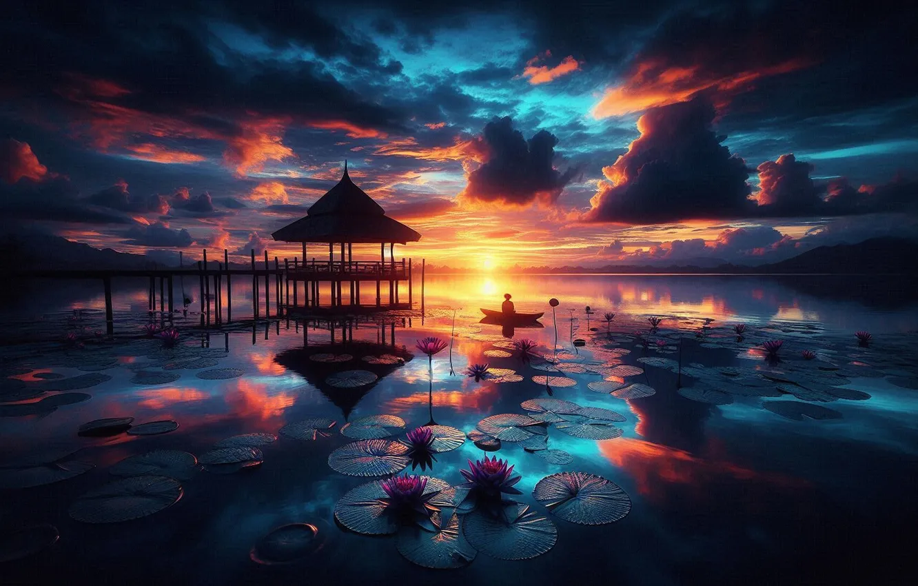 Photo wallpaper the sky, the sun, clouds, sunset, flowers, night, reflection, boat