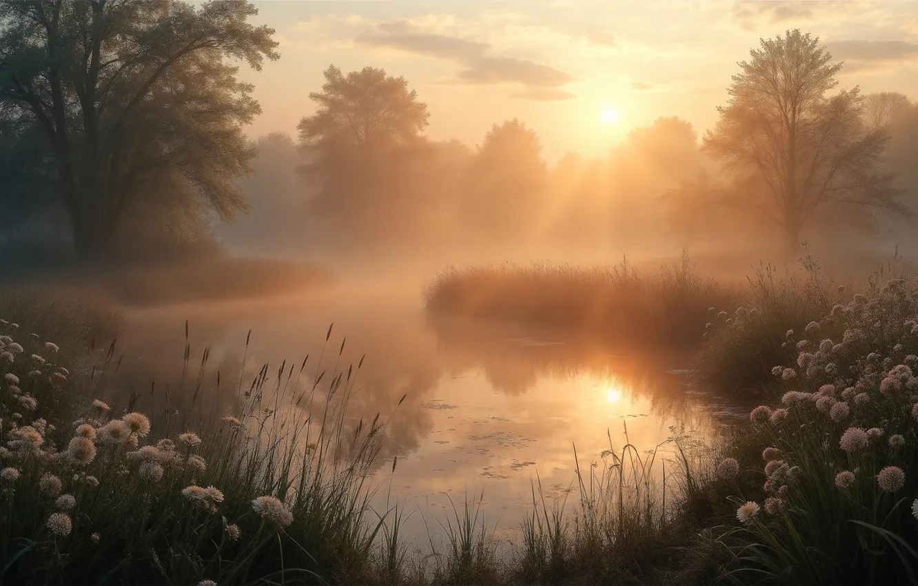 Photo wallpaper forest, grass, clouds, rays, landscape, flowers, nature, fog