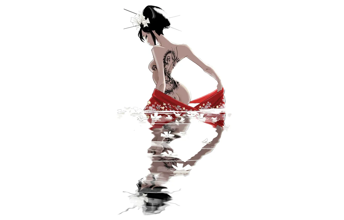 Photo wallpaper Water, Reflection, Girl, Minimalism, Japan, Asian, Japan, Tattoo