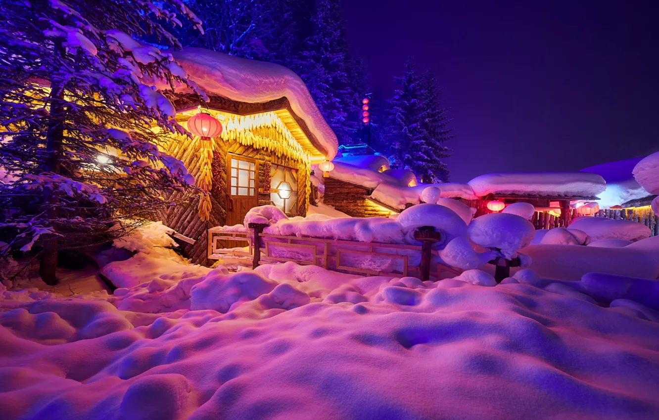 Photo wallpaper winter, snow, trees, landscape, night, nature, home, ate