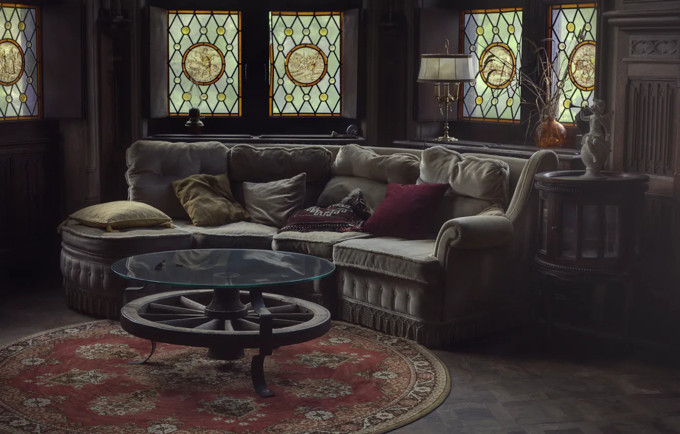 Photo wallpaper room, sofa, lamp, stained glass, pillows. table