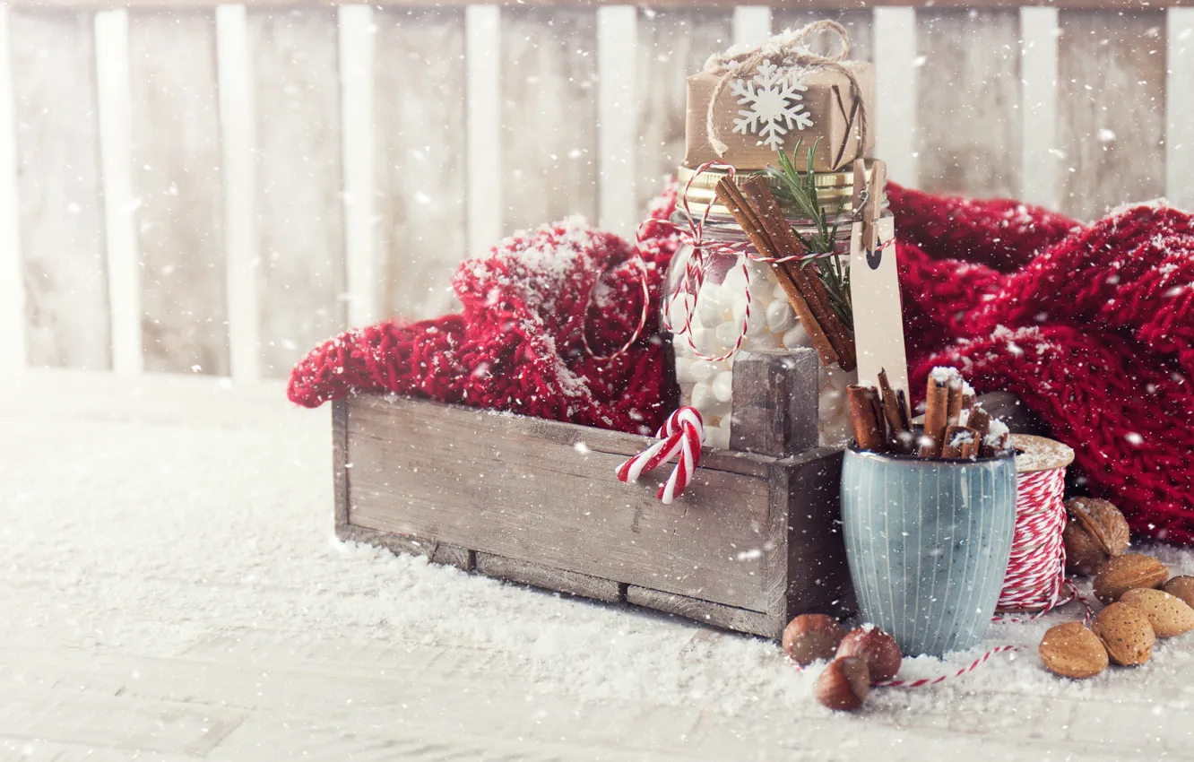 Photo wallpaper winter, snow, new year, nuts, Christmas, wood, decor, spices