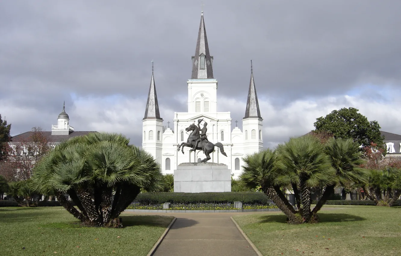 Photo wallpaper cathedral, New Orleans, statue, CONFEDERATE, Louisiana, Andrew Jackson, Andrew Jackson statue, Confederate statue