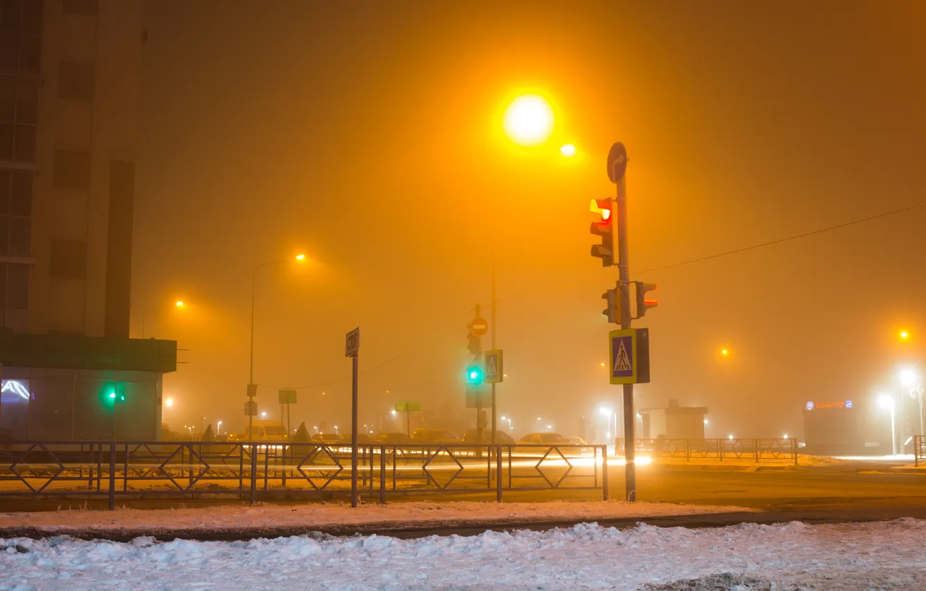 Photo wallpaper machine, night, the city, fog, house, the building, lighting, lights