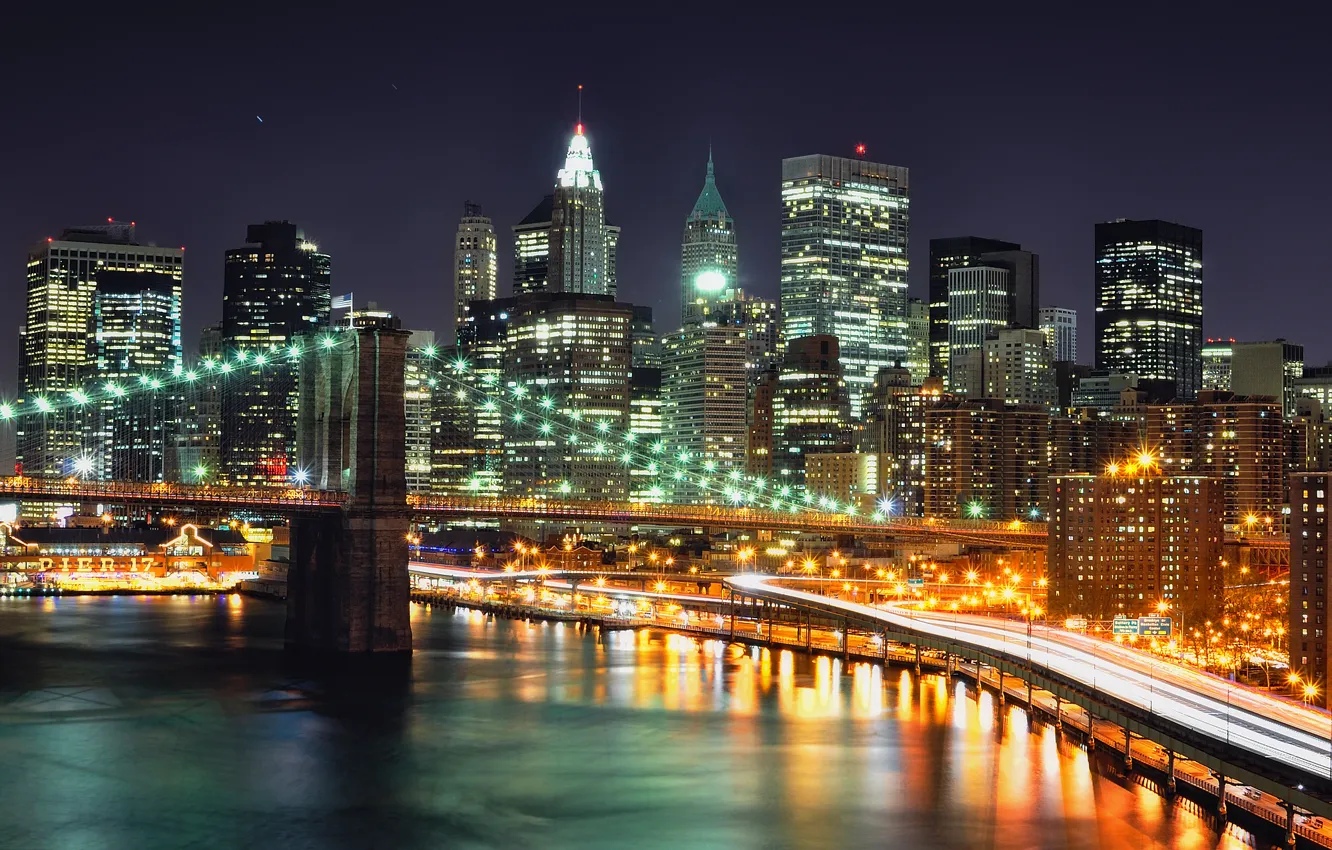 Photo wallpaper night, bridge, lights, New York, skyscrapers, Bridge, night, NYC
