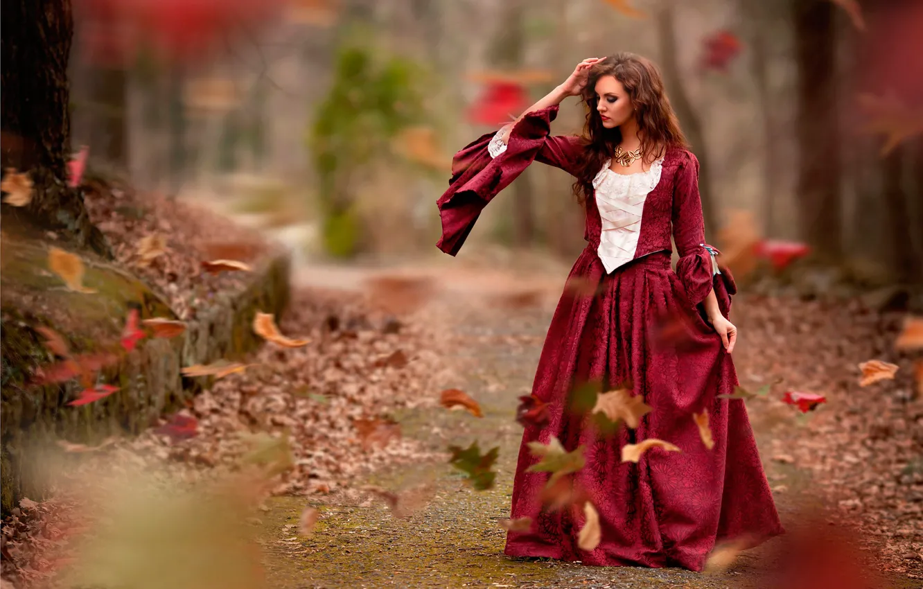 Photo wallpaper autumn, leaves, girl, style, the wind, dress