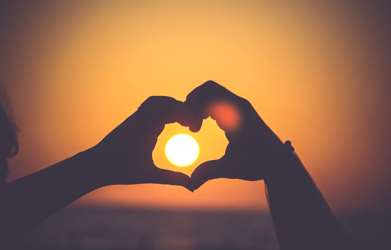 Photo wallpaper the sun, heart, hands