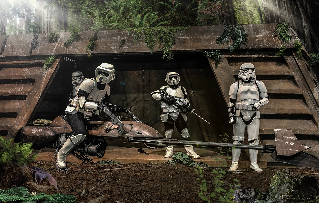 Photo wallpaper Star Wars, forest, Speeder Bike, Scout Trooper, Stormtrooper, Andreas Bazylewski, Ewok, Star Wars Episode VI: …