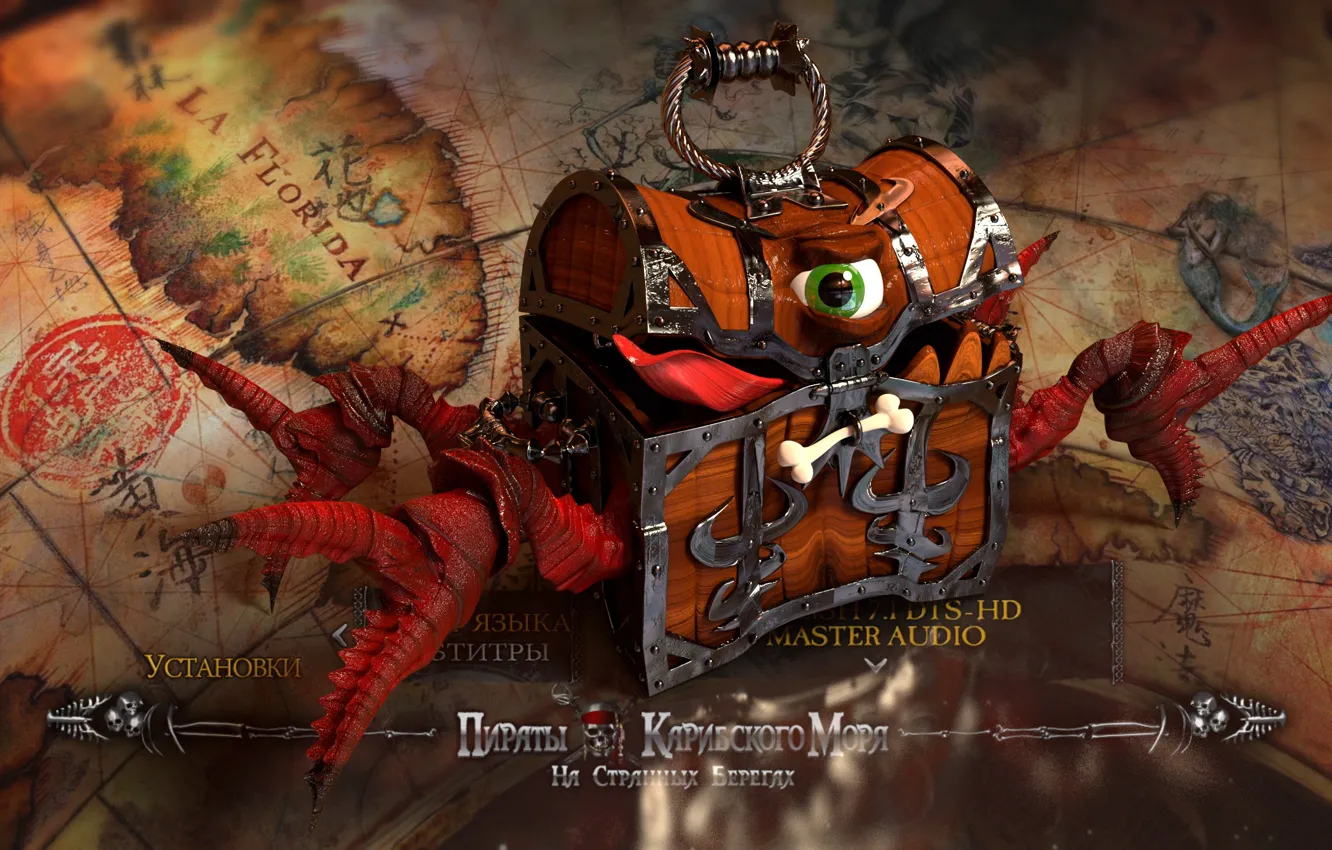Photo wallpaper the film, the game, cartoon, map, monster, pirate, chest, Pirates of the Caribbean