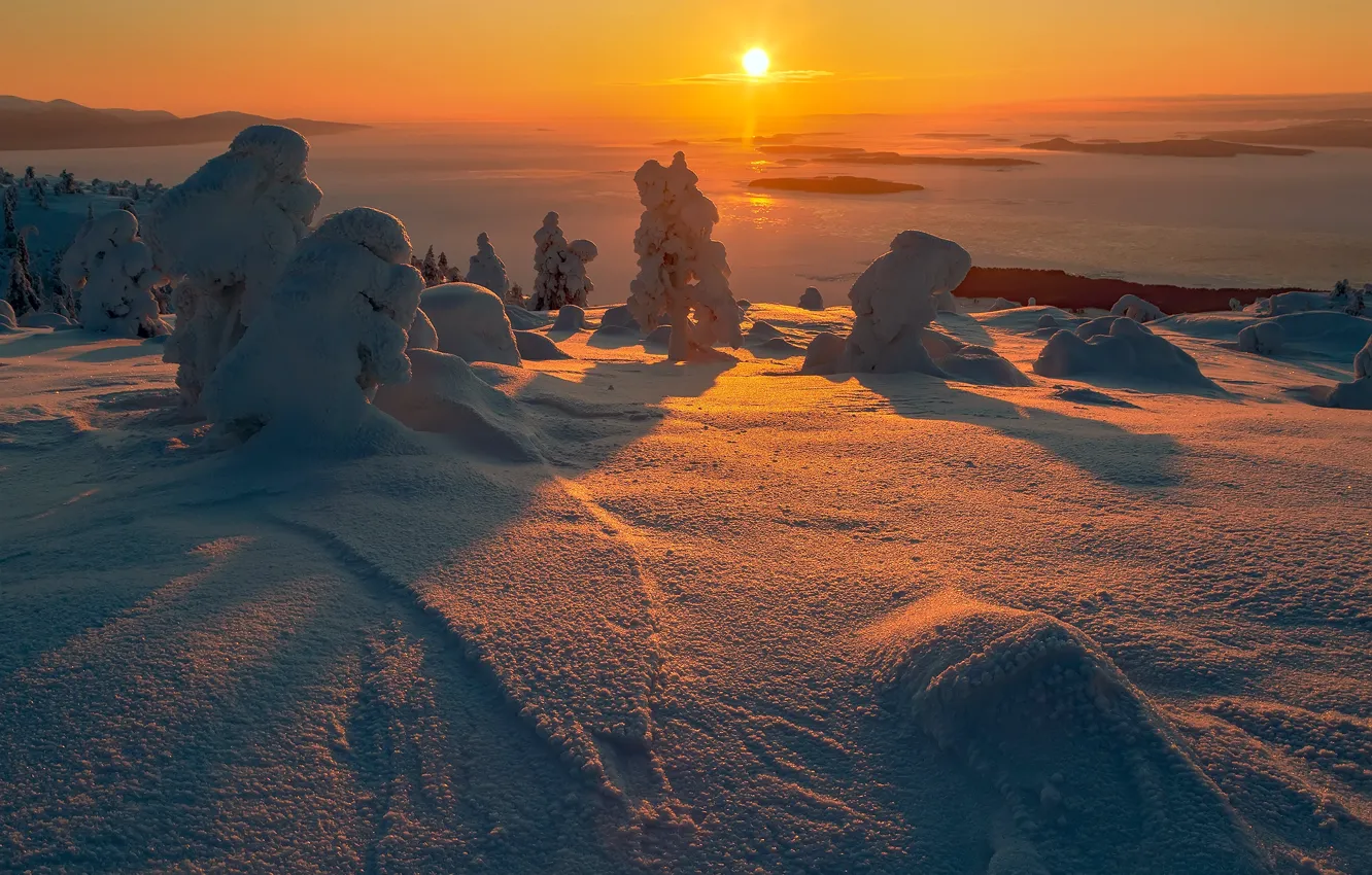 Photo wallpaper winter, the sun, snow, landscape, sunset, nature, Bay, herringbone