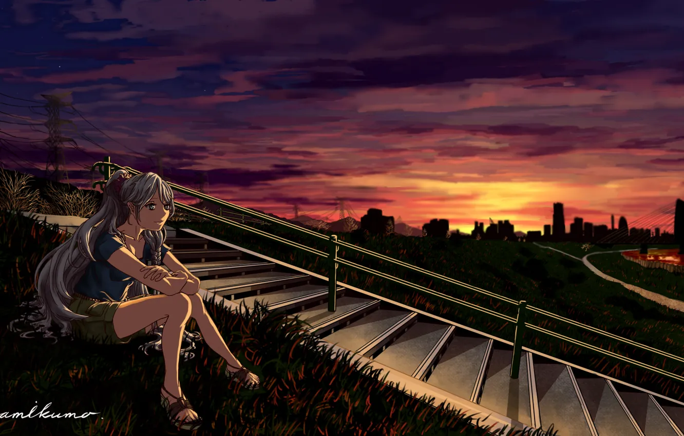 Photo wallpaper grass, girl, sunset, the evening, hill, ladder, railings, steps