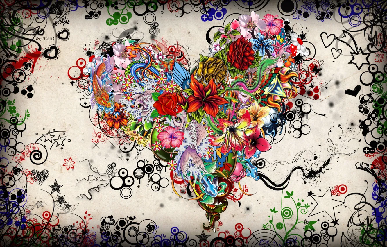 Photo wallpaper flowers, emotions, heart, stars, colorful