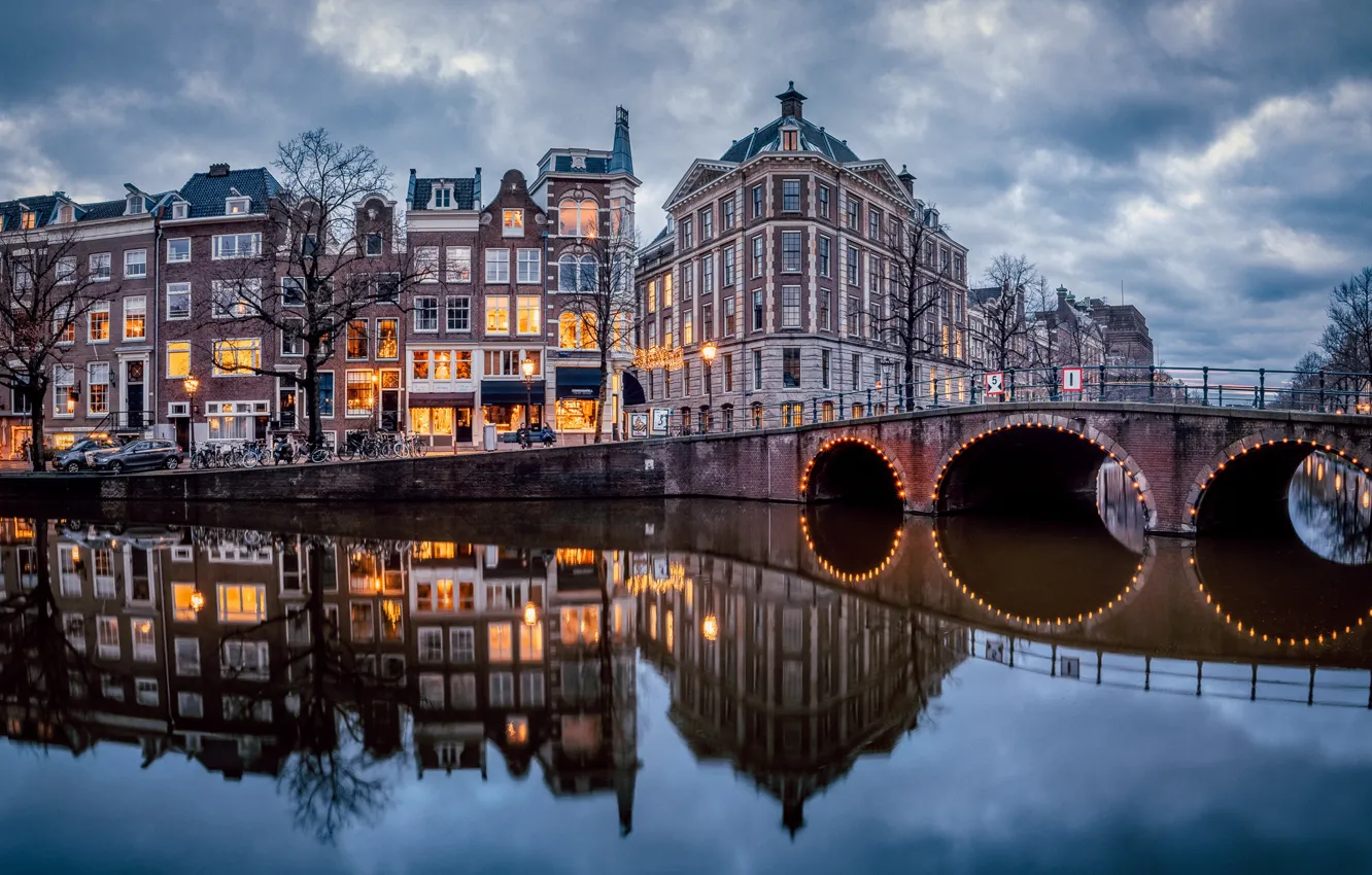 Photo wallpaper bridge, reflection, building, home, Amsterdam, channel, Netherlands, Amsterdam