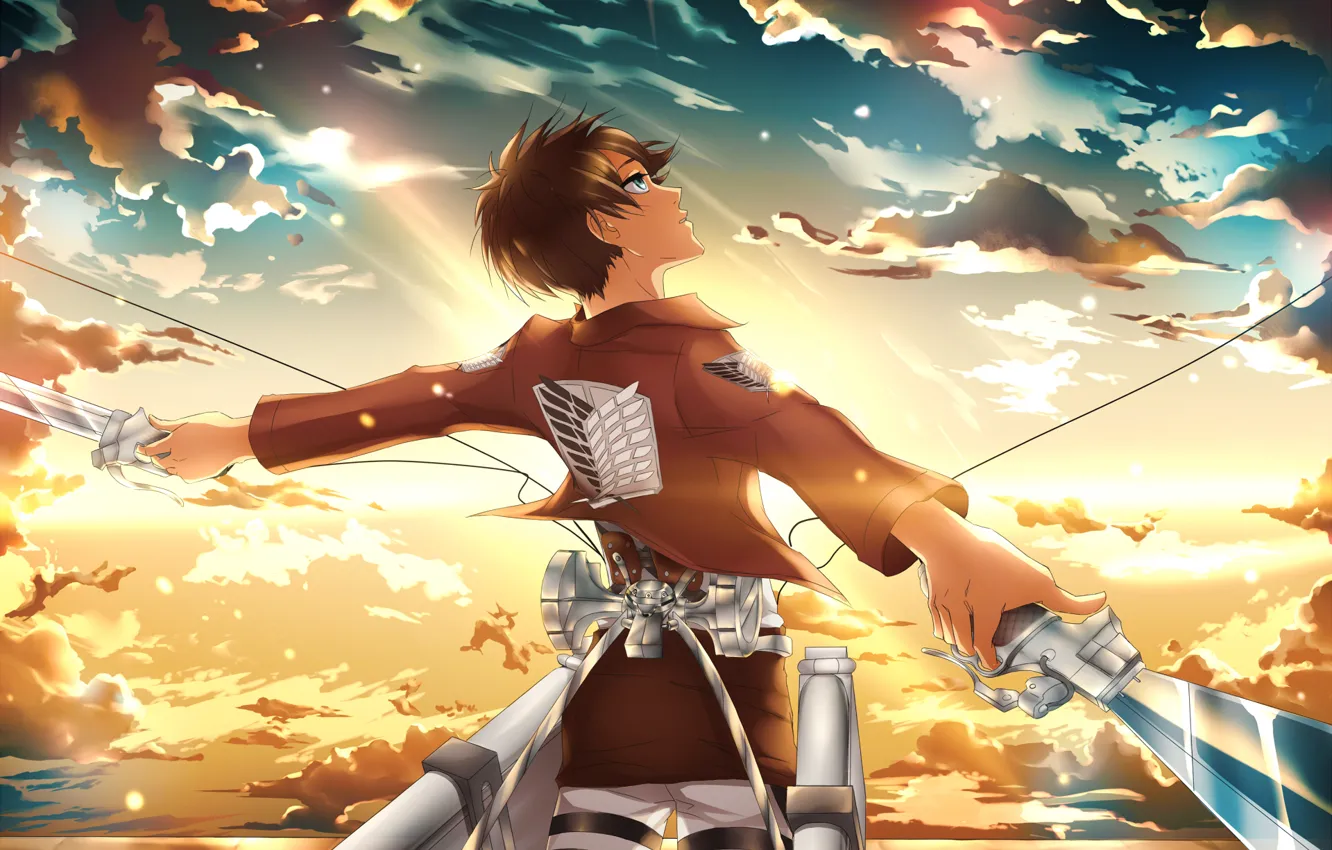 Photo wallpaper the sky, clouds, sunset, weapons, anime, art, guy, swords