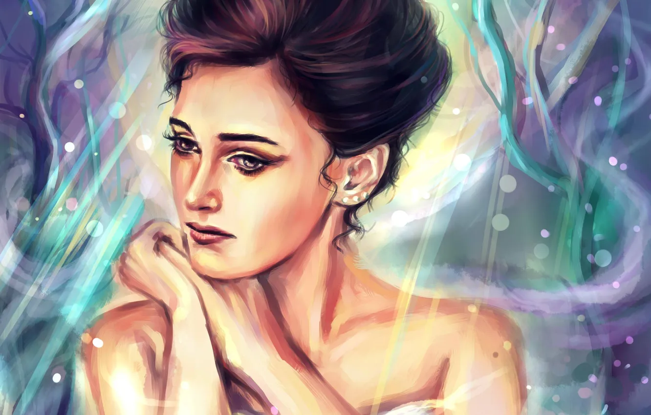 Photo wallpaper girl, art, swans, white dress, brooding