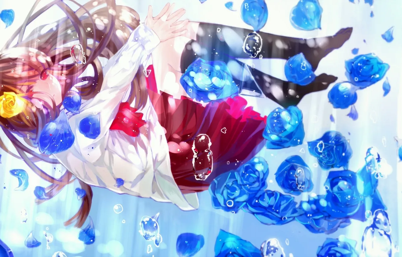 Photo wallpaper girl, light, flowers, bubbles, roses, anime, art, schoolgirl