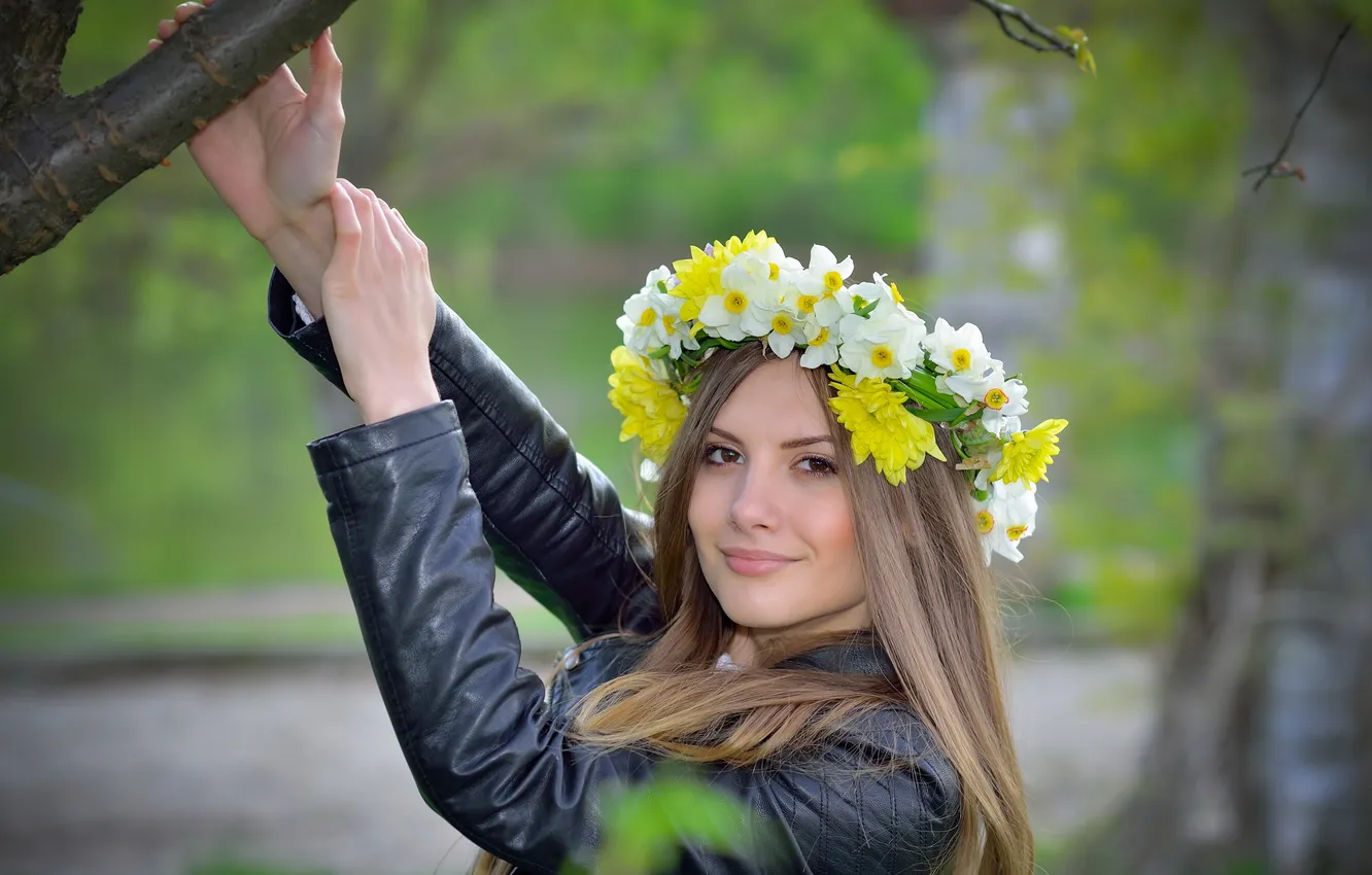 Photo wallpaper look, girl, spring, wreath
