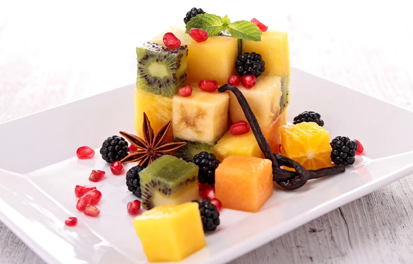 Photo wallpaper berries, orange, kiwi, fruit, mango, banana, BlackBerry, vanilla