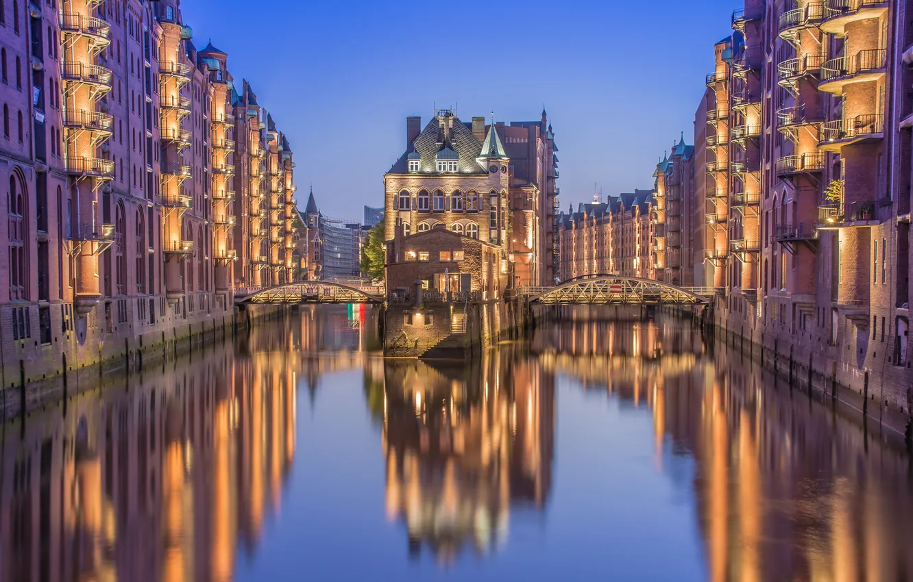 Photo wallpaper bridge, lights, home, Germany, channel, Hamburg