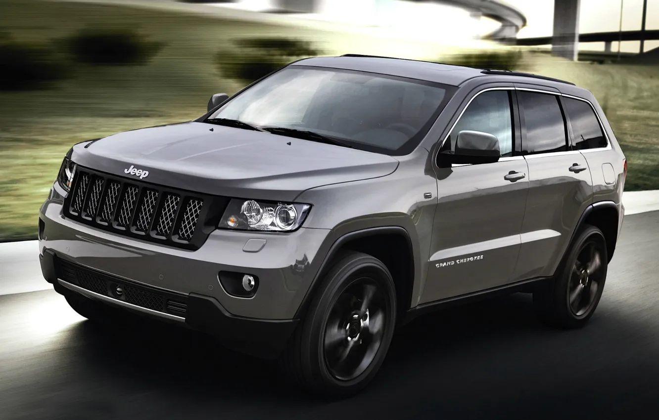 Photo wallpaper road, grey, background, jeep, the front, Jeep, Grand Cheroke, Grand Cherokee.Джип