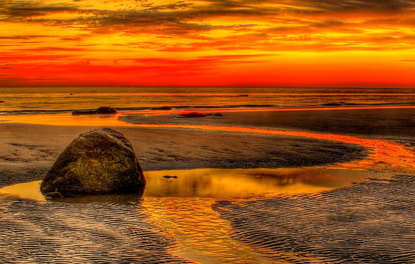 Photo wallpaper sea, the sky, stones, shore, the evening, tide, panorama, glow