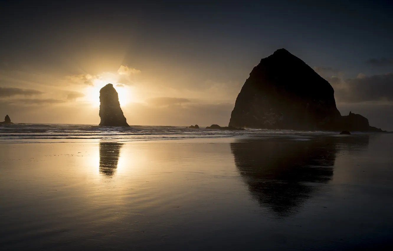 Photo wallpaper beach, the ocean, rocks, dawn, Oregon, Cannon Beach