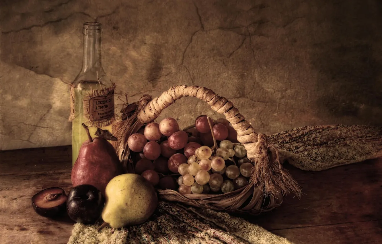 Photo wallpaper grapes, still life, plum, pear
