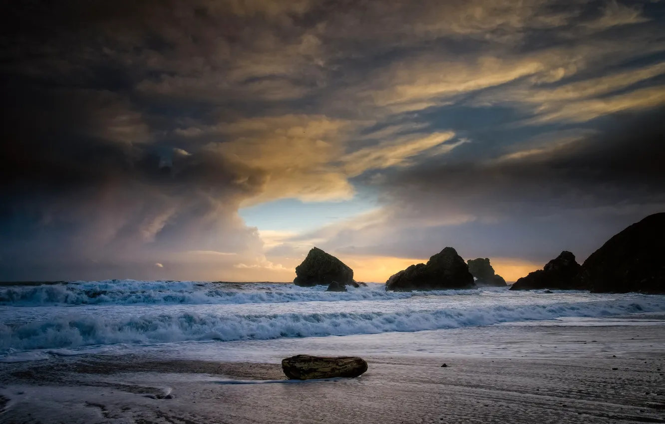 Photo wallpaper sea, wave, the sky, clouds, stones, rocks, coast, horizon