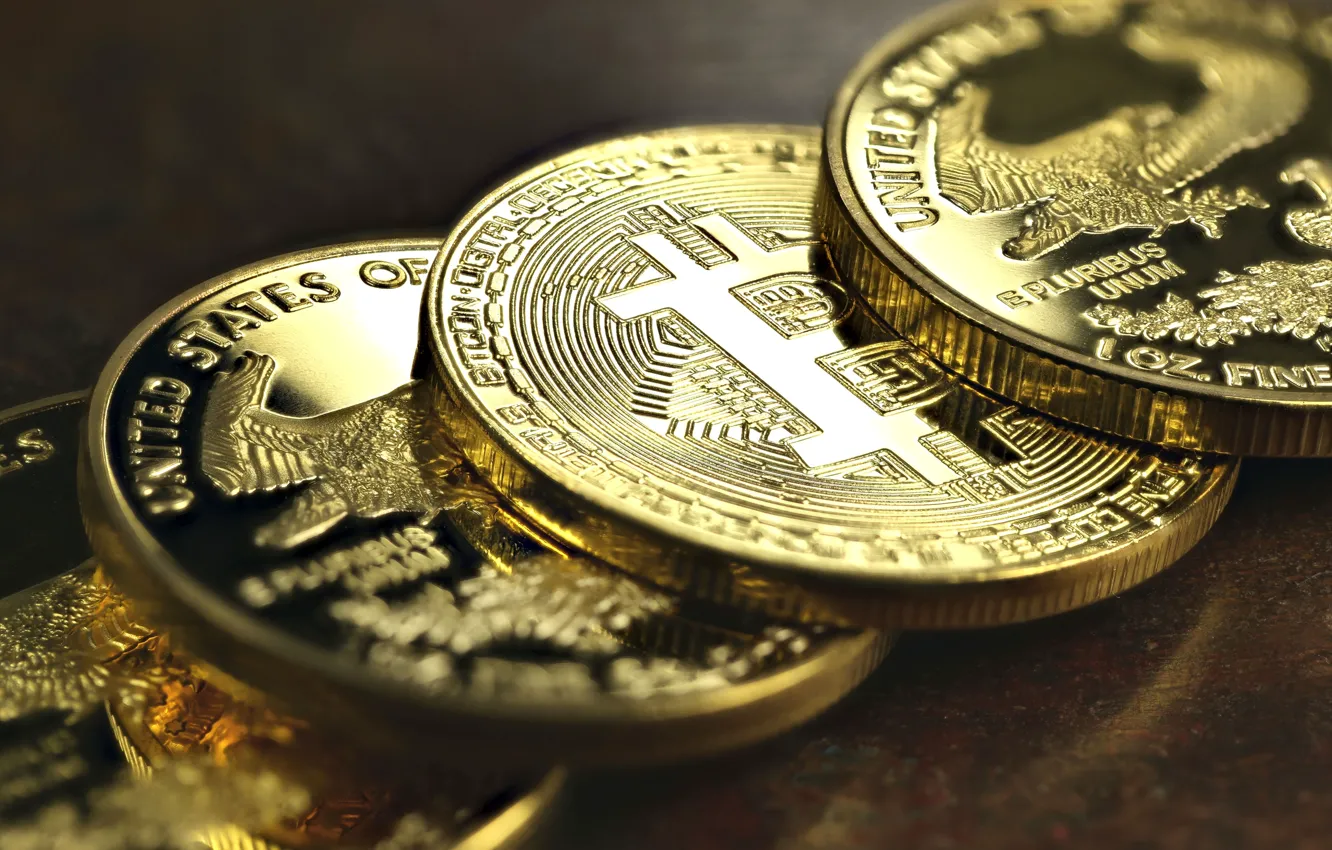 Photo wallpaper blur, logo, coins, currency, bitcoin, GURT, bitcoin