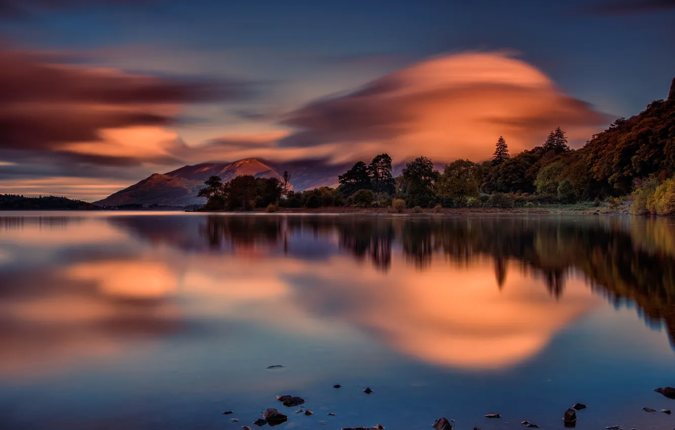 Photo wallpaper mountains, lake, reflection, dawn, England, morning, England, The lake district