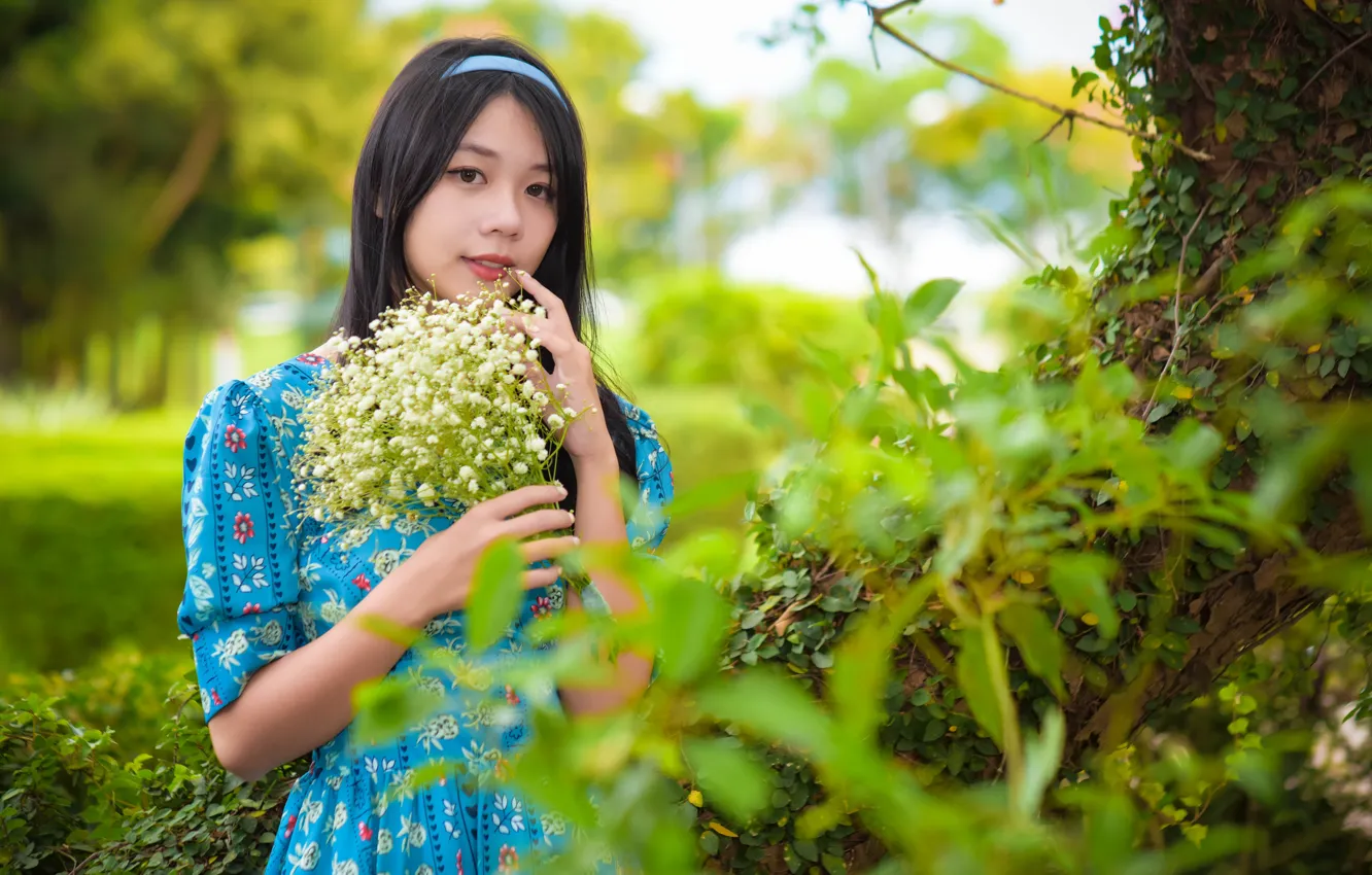 Photo wallpaper girl, bouquet, Asian