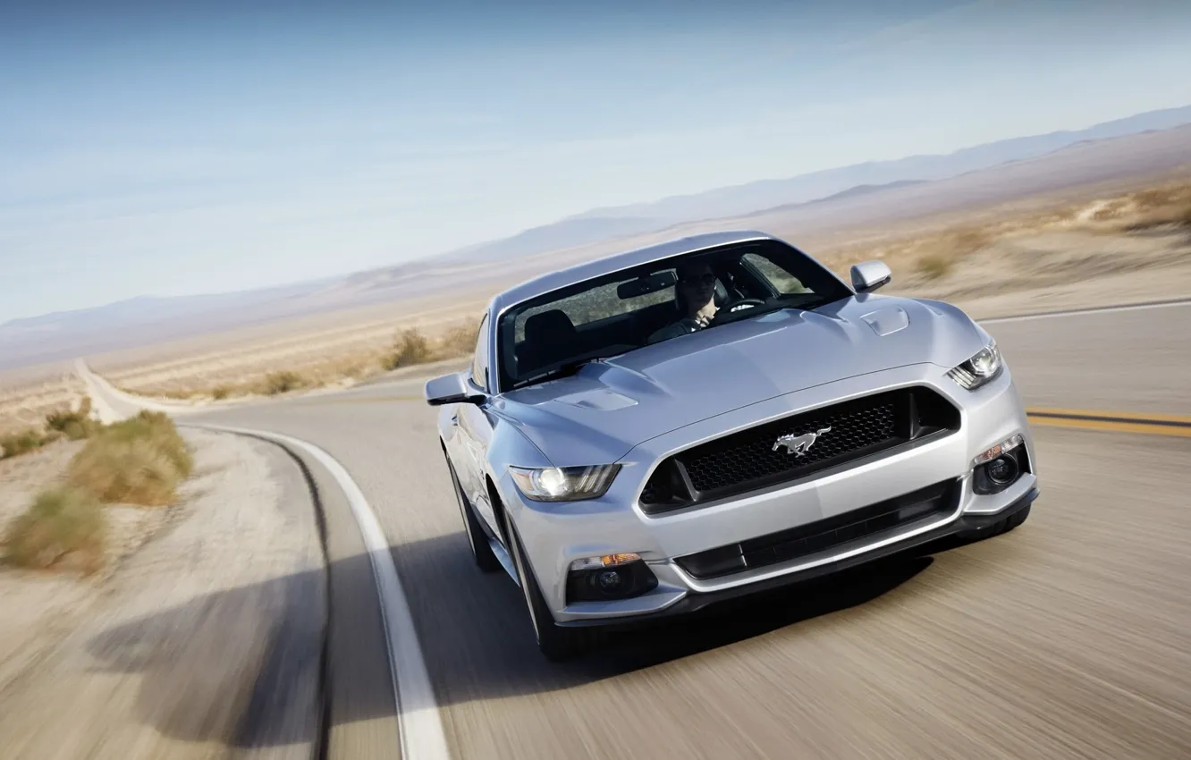 Photo wallpaper road, Mustang, Ford, Ford, Mustang, the front, Muscle car, Muscle car