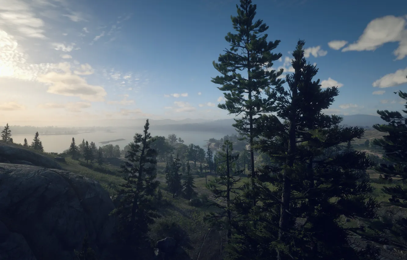 Photo wallpaper HDR, game, sky, trees, sea, wood, clouds, rocks