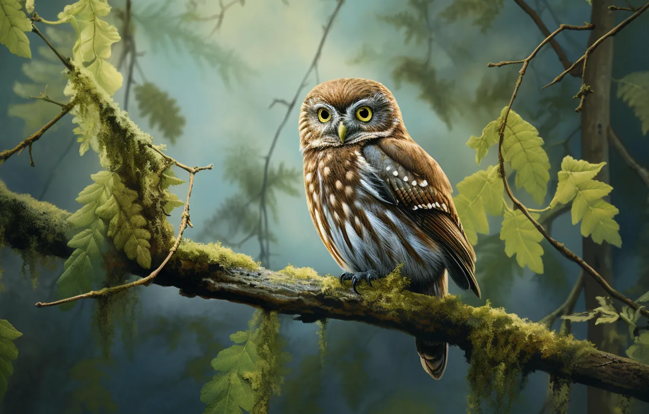 Photo wallpaper look, leaves, branches, nature, owl, bird, moss, branch