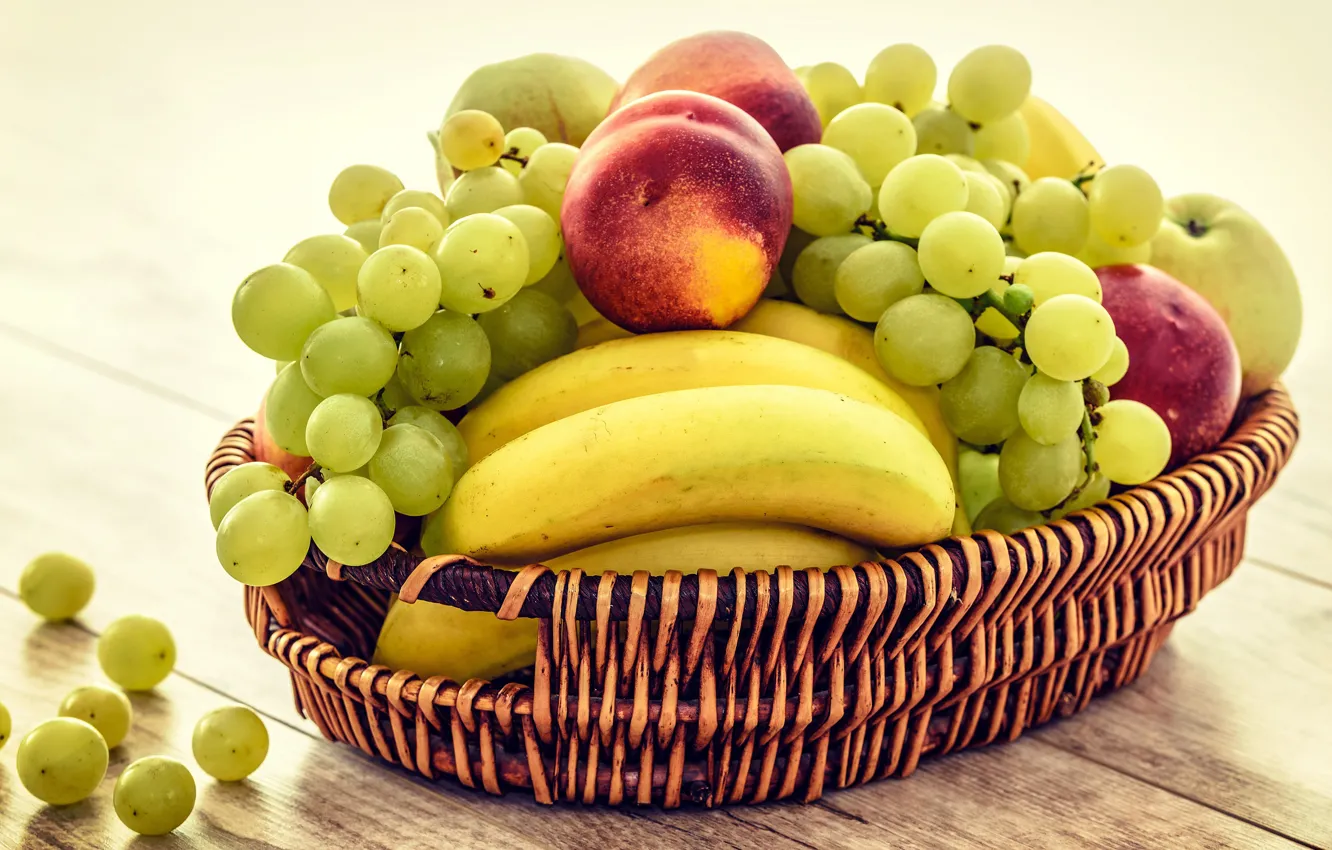 Photo wallpaper table, Board, grapes, bananas, fruit, basket, peaches, different