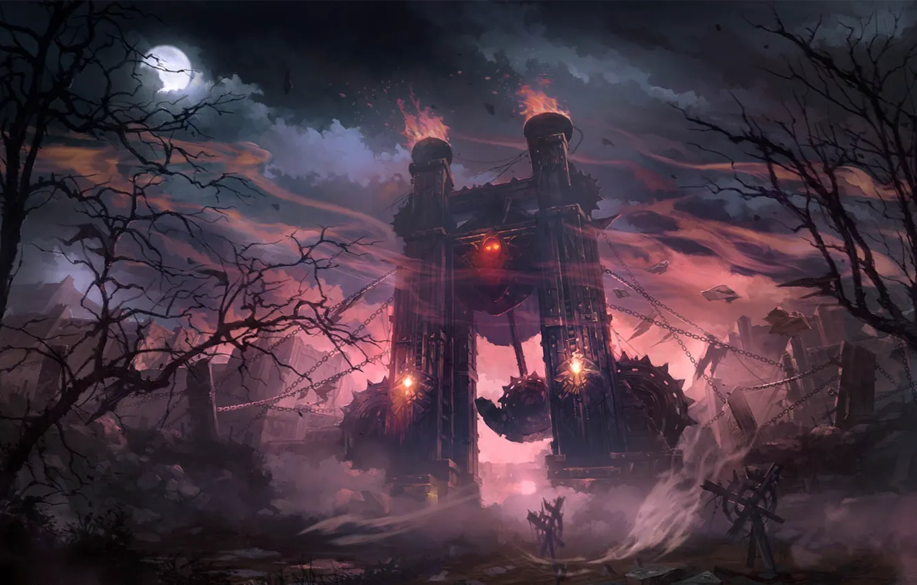 Photo wallpaper trees, the moon, mechanism, arch, columns, chain, Lineage 2, gloomy