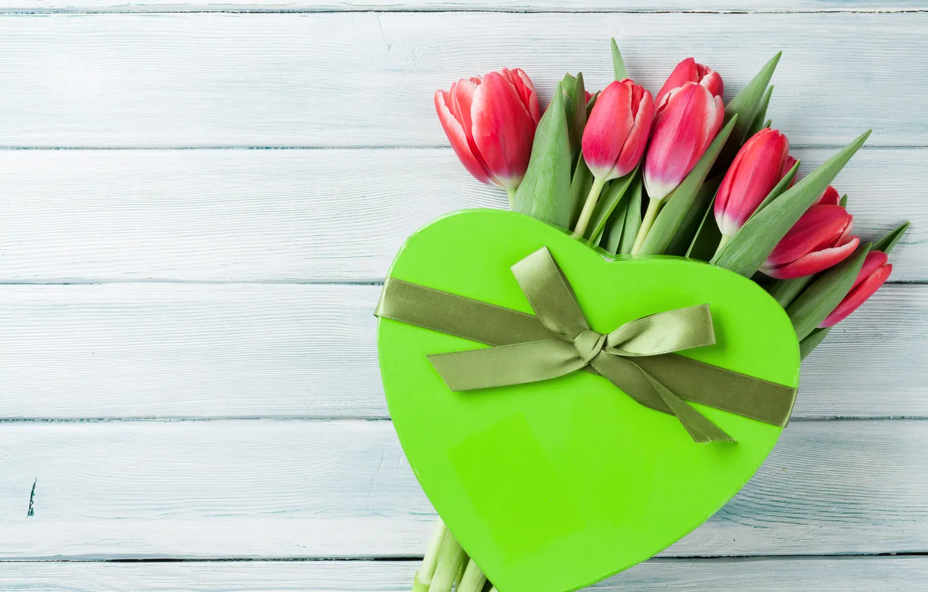 Photo wallpaper love, flowers, gift, romance, heart, tulips, red, love