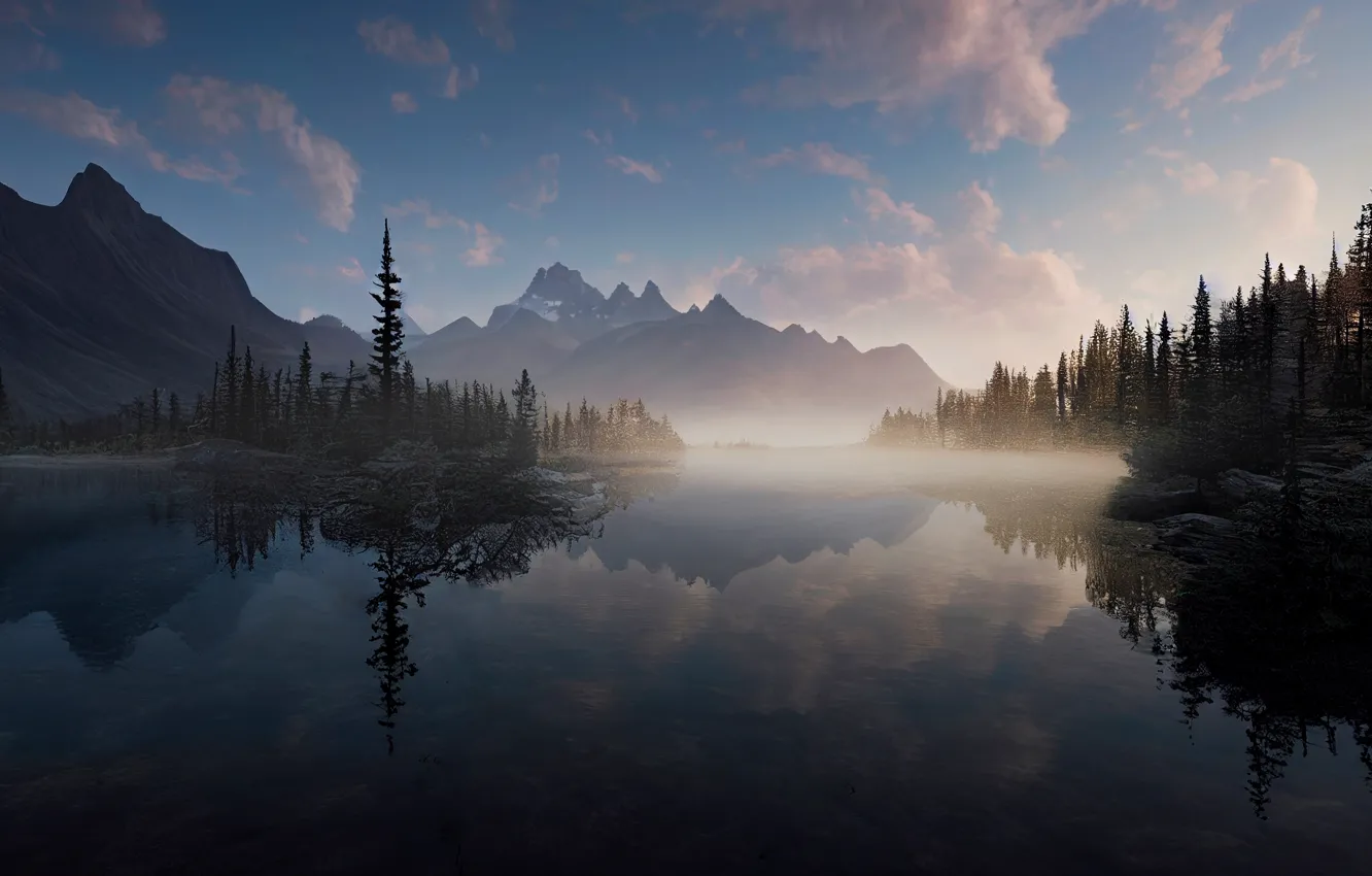 Photo wallpaper forest, the sky, clouds, landscape, nature, fog, lake, reflection