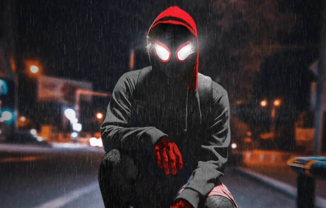 Photo wallpaper night, rain, jacket, spider-man, Spider-Man, Spider-Man Into the Spider-Verse