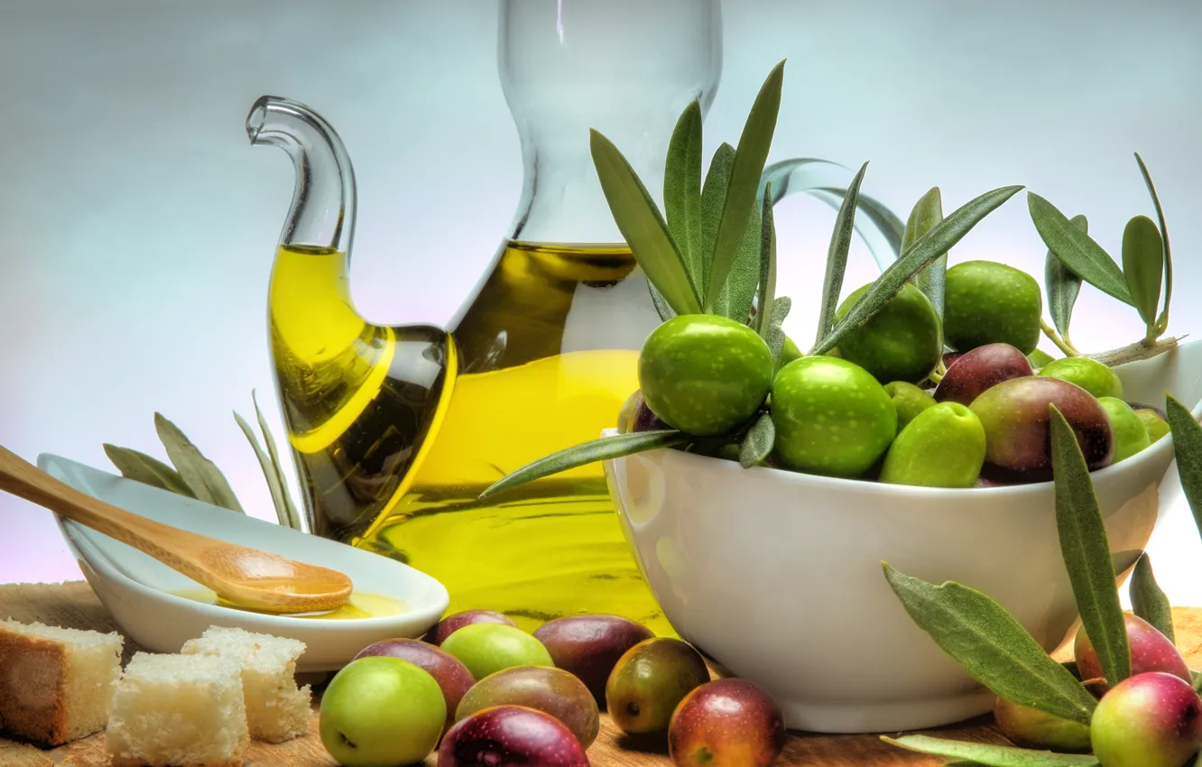 Photo wallpaper table, oil, plate, bread, olives, bowl, decanter