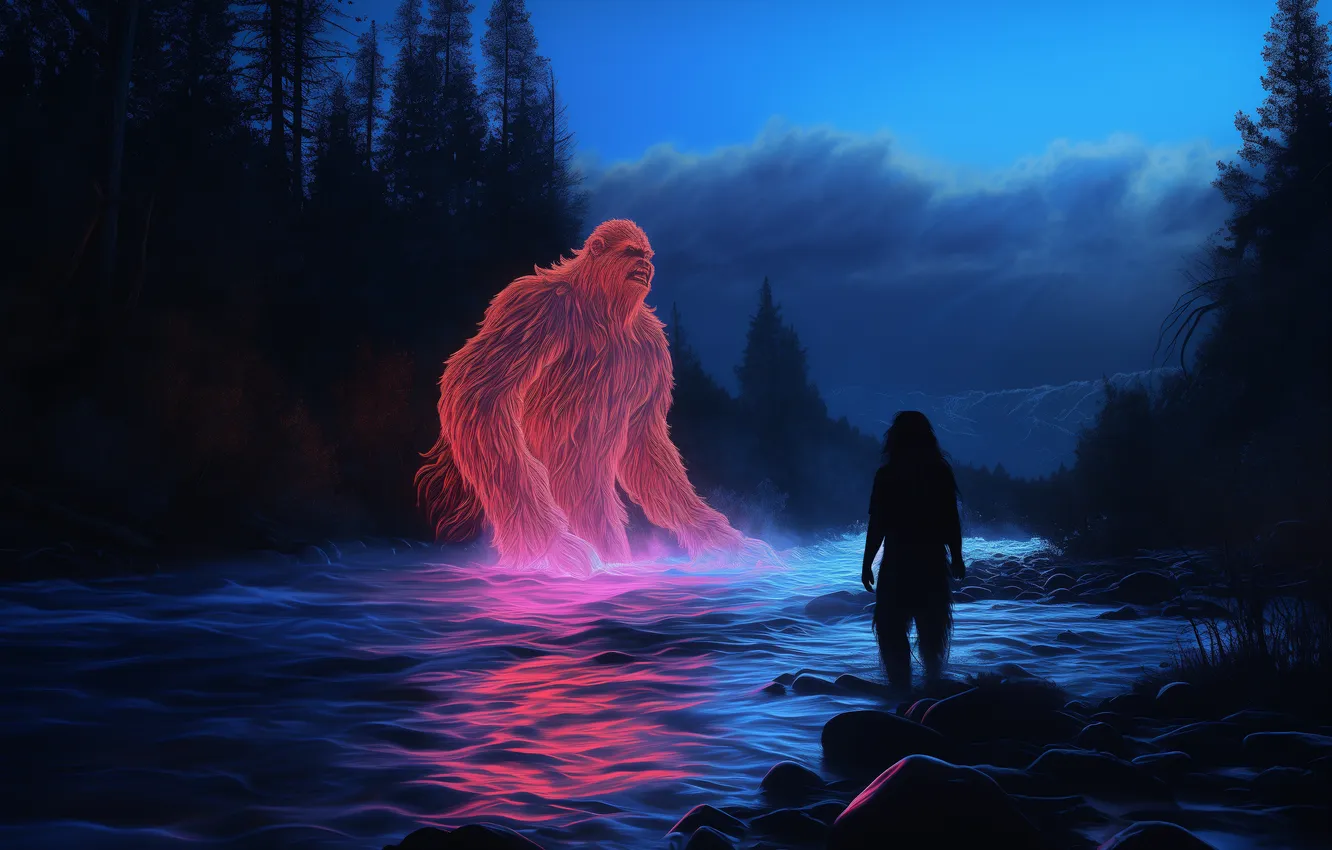 Photo wallpaper trees, mountains, dawn, being, river, Yeti, Bigfoot, digital art