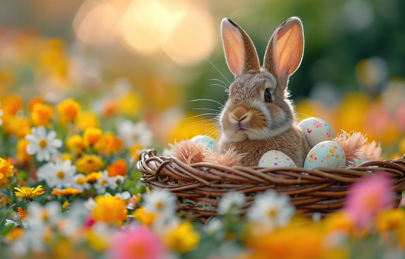 Photo wallpaper flowers, eggs, spring, colorful, Easter, flowers, spring, Easter