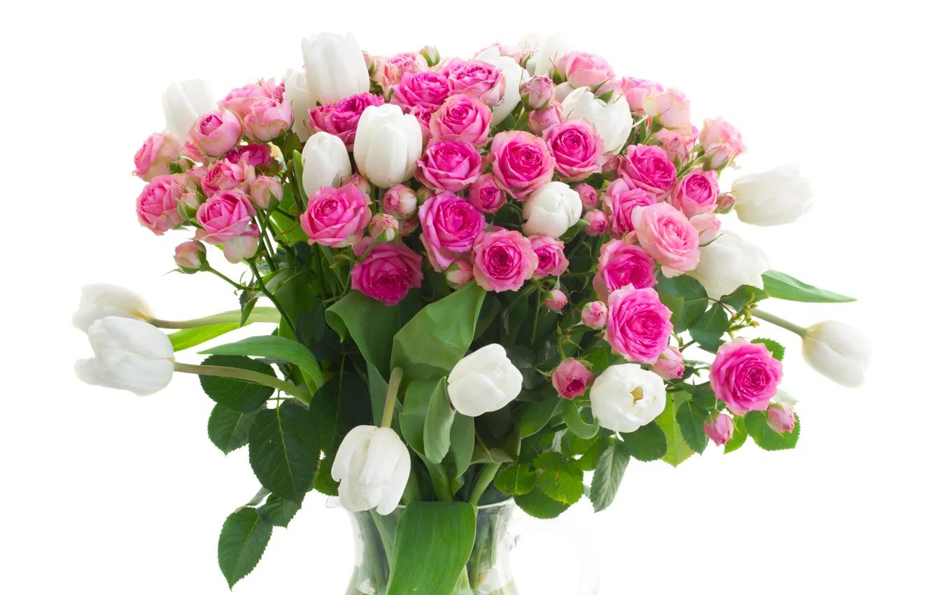 Photo wallpaper flowers, roses, bouquet, tulips, vase