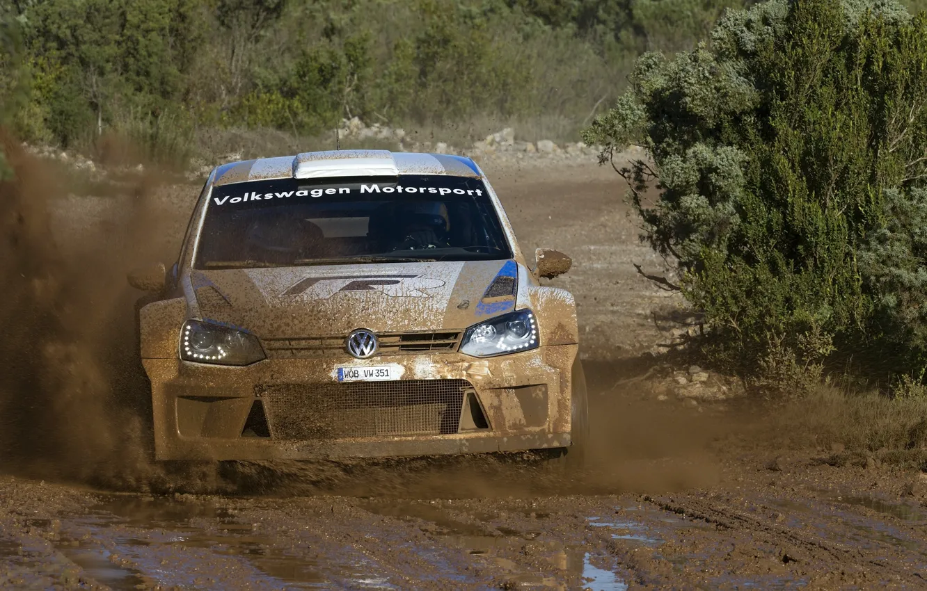 Photo wallpaper Volkswagen, Machine, puddle, Logo, The hood, Dirt, WRC, Rally