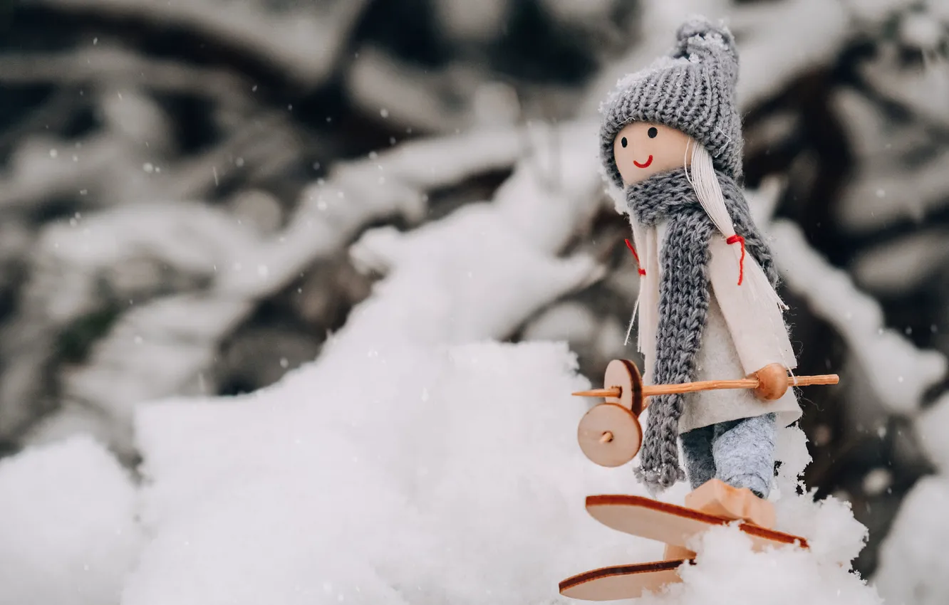 Photo wallpaper winter, snow, branches, nature, hat, ski, new year, doll