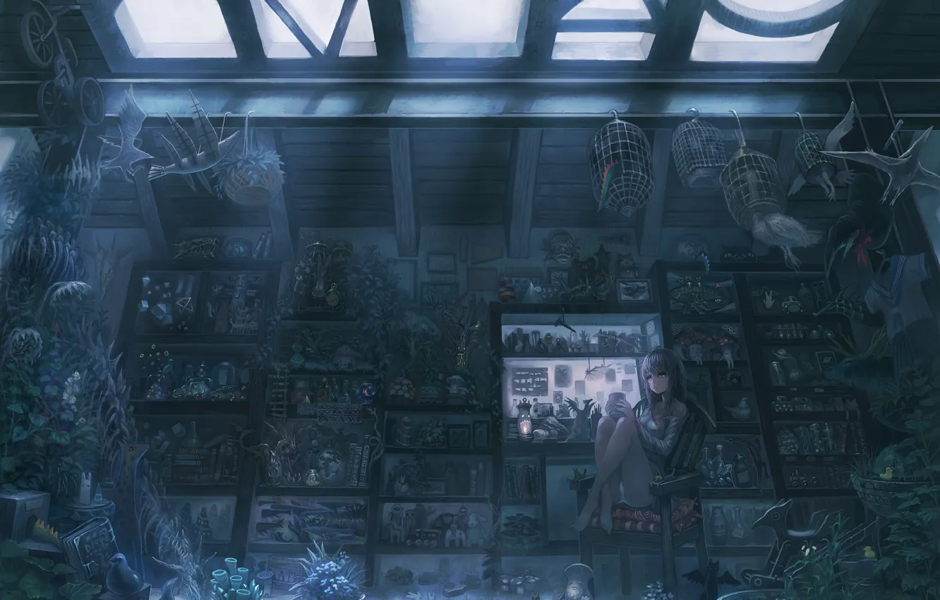 Photo wallpaper look, girl, flowers, room, toys, books, anime, mask