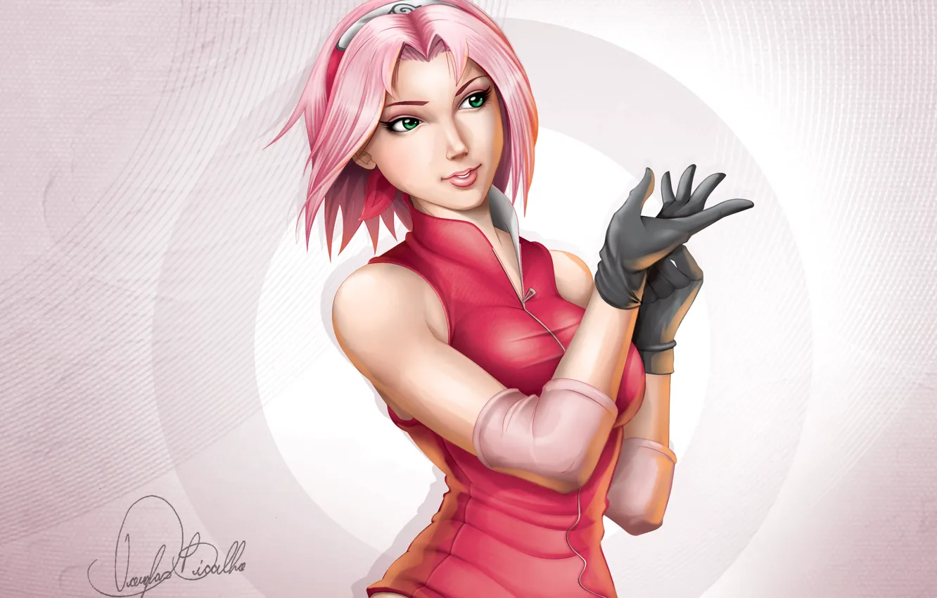 Photo wallpaper smile, Sakura, gloves, naruto, headband, ninja, Naruto, art