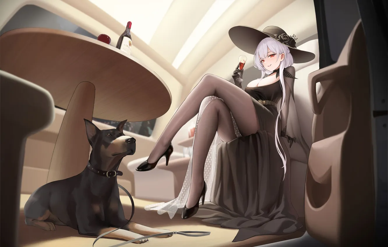 Photo wallpaper bottle, dog, anime, blonde, table, Beautiful legs, anime, characters