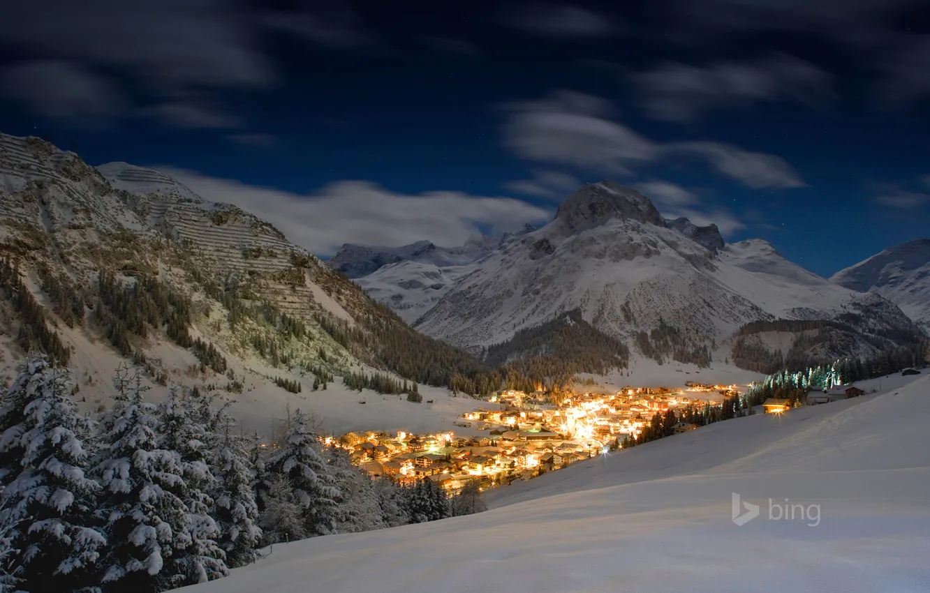 Photo wallpaper mountains, night, lights, Austria, village, Leh, Lech am Arlberg