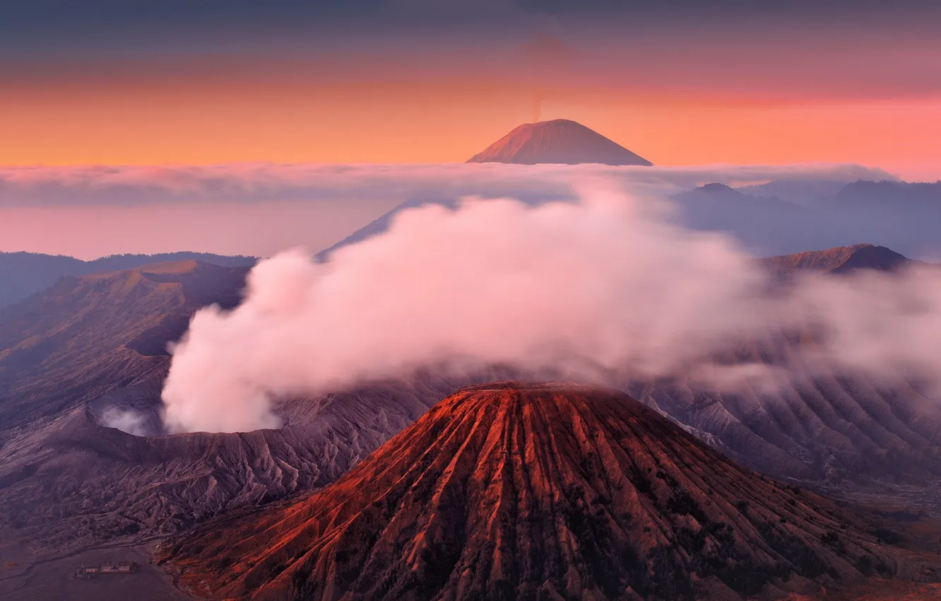 Photo wallpaper sunset, mountains, nature, volcanoes, Java